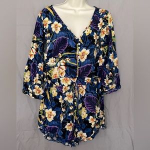 California GYPSY 3/4 Sleeve Front Button Top Ruffle Short Romper Size XL
